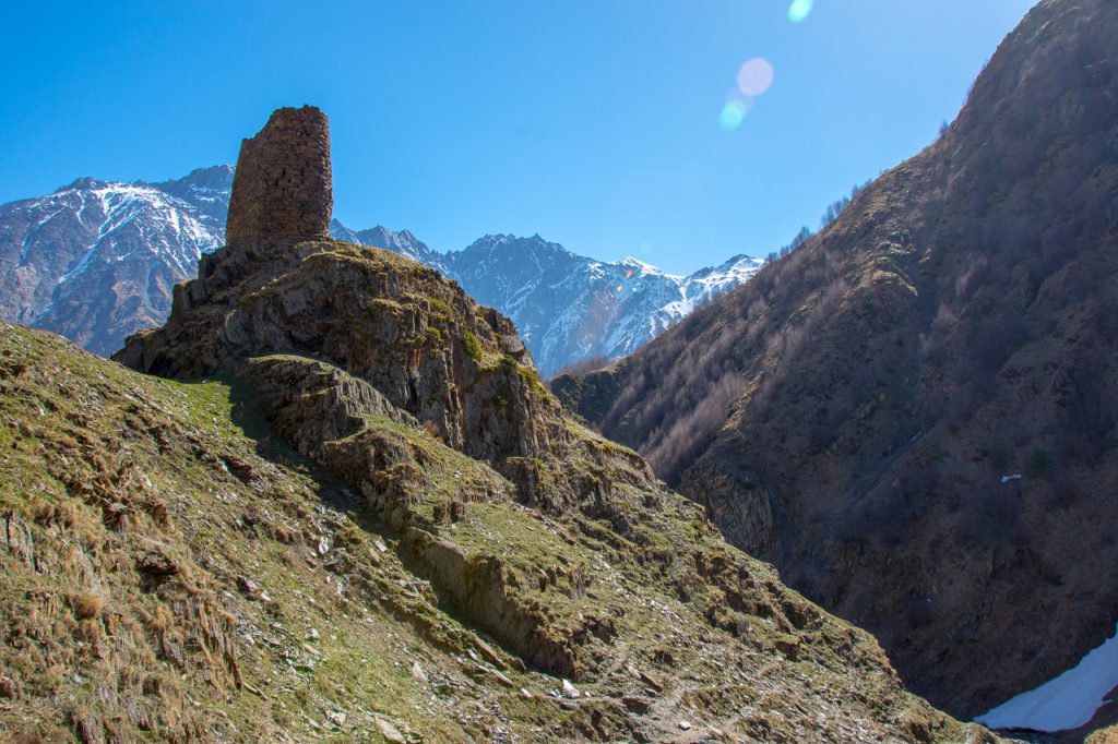 ruined tower Gergeti Trinity Church hiking path
