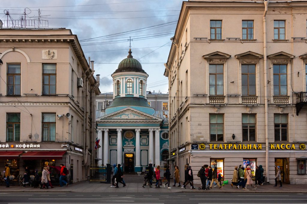 St Catherines Church on Nevsky Prospect, a small blue and white church in the Baroque style