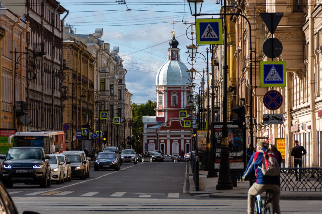 sweet little red and white domed church in the Central District of St Petersburg