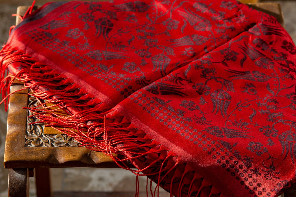 red "silk scarf" with traditional tulip pattern