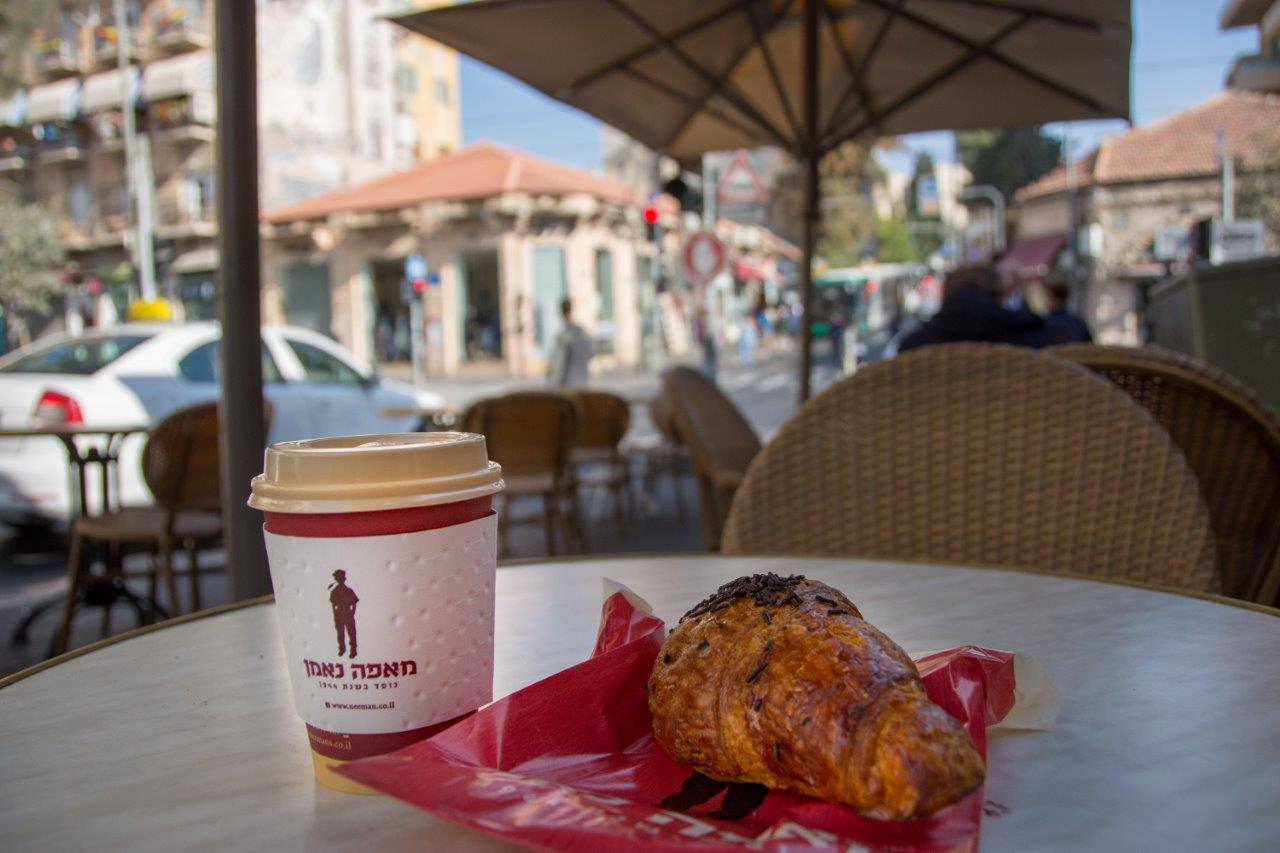 coffee and a croissant in JAffa Street in Jerusalem before visiting Temple Mount