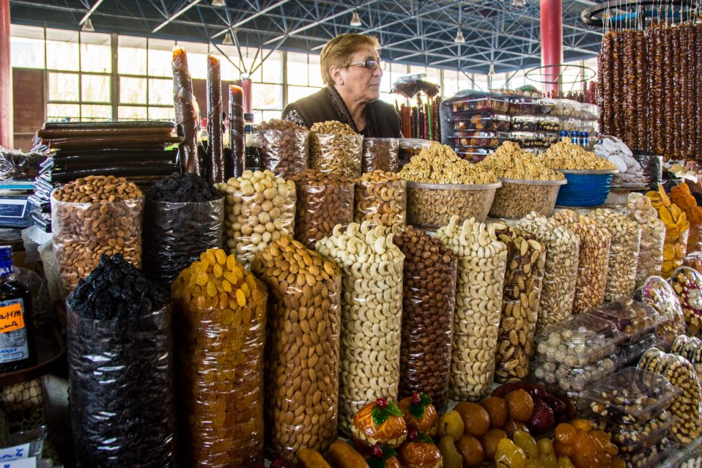 shopping in the Caucasus dried nuts at the Gum MArket in yerevan