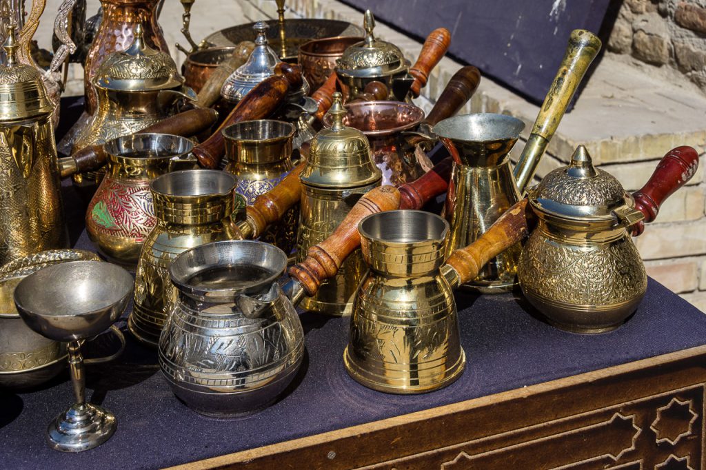 traditional copper and brass coffeepots