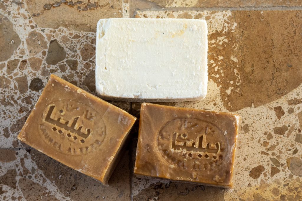 Aleppo Soap from various shops and market stalls in Istanbul and "village soap", some favourite Turkish bath accessories