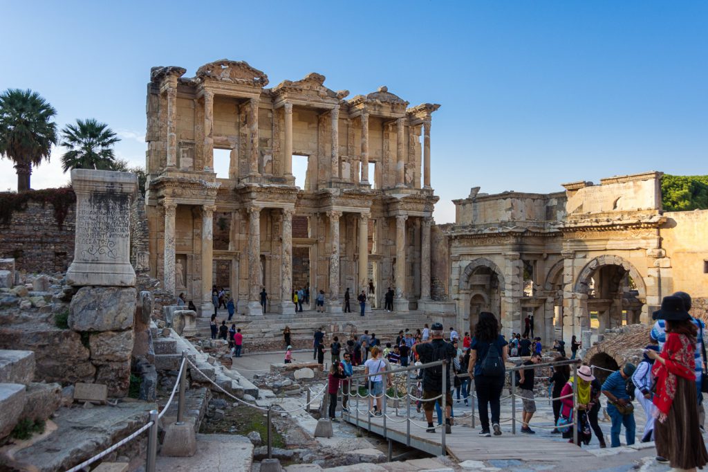 view of the library at Ephesus crowded with visitors