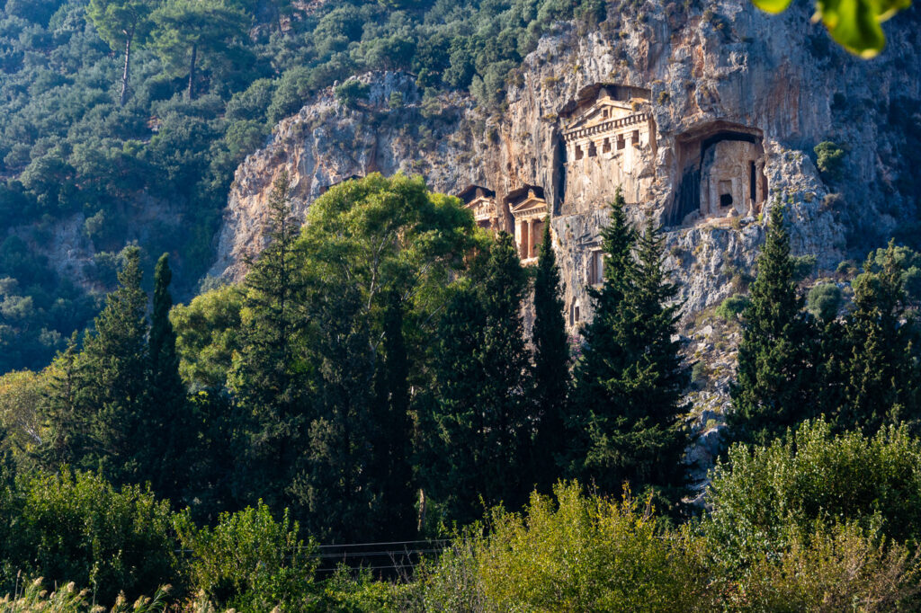 Famous Lycian rock tombs in the rock face above Dalyan