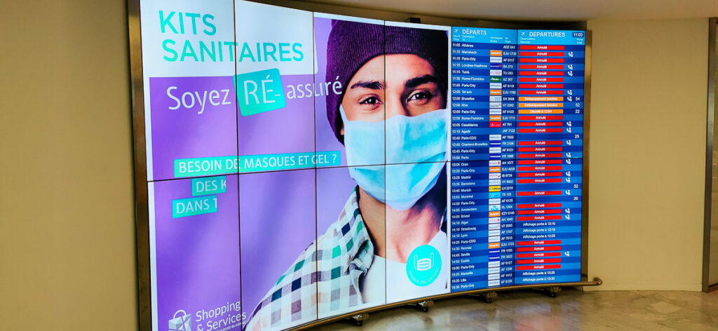 Departure board at Toulouse-Blagnac Airport in August 2020 when Flying in Europe during COVID-19