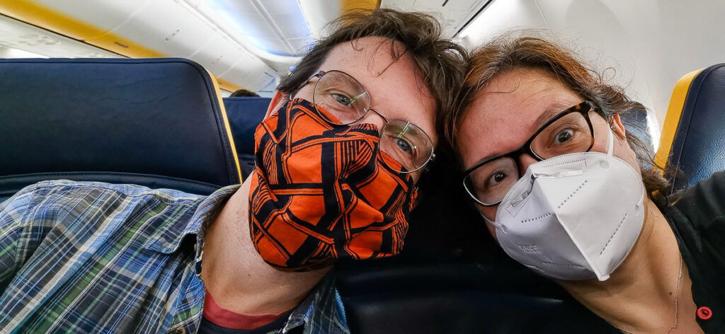 Wearing a face mask on board a Ryanair flight while flying in Europe during COVID-19