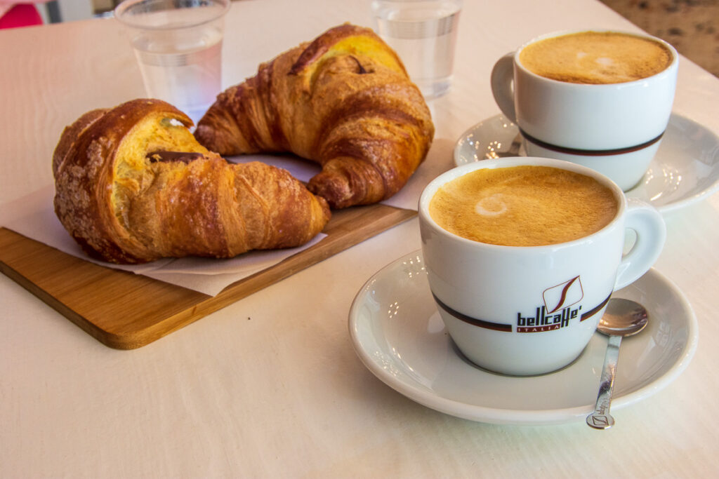two croissants filled with Nutella and a great Capucchino in Modica, Sicily