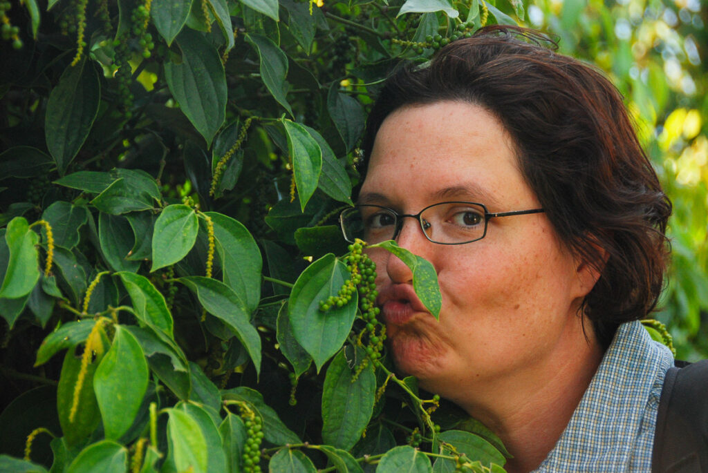 sniffing a pepper plant