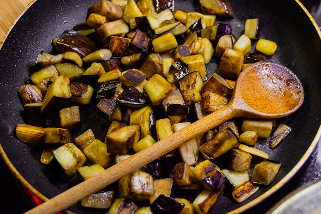 frying aubergines for Pasta alla Norma