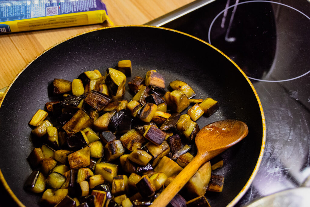frying aubergines for Pasta alla Norma