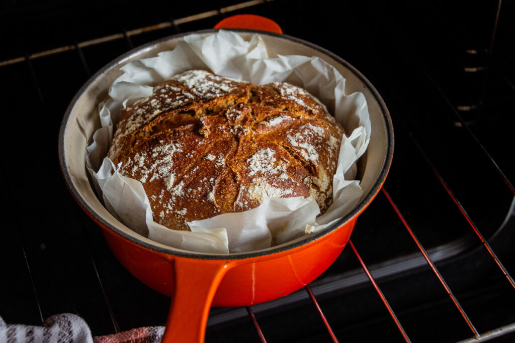 sourdough bread for non-bakers - almost baked loaf
