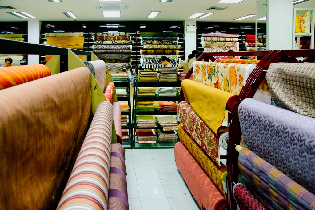 fabrics on rolls at Jim Thompson factory outlet