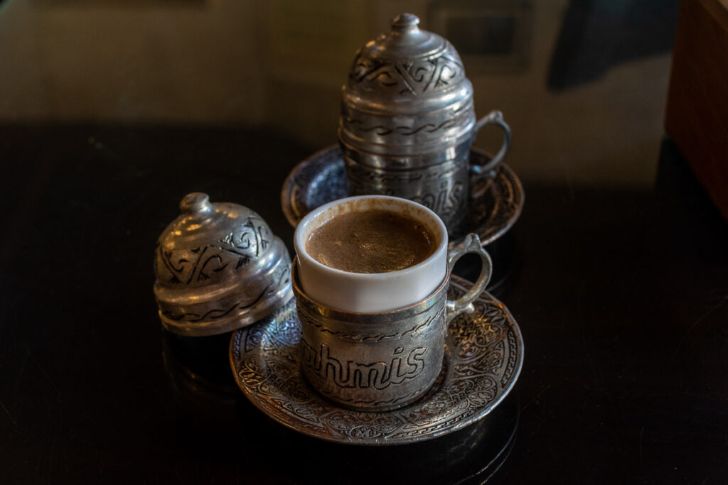 menengic coffee at Tahmis Coffee house Gaziantep in an ornate cup, Southeast Anatolia