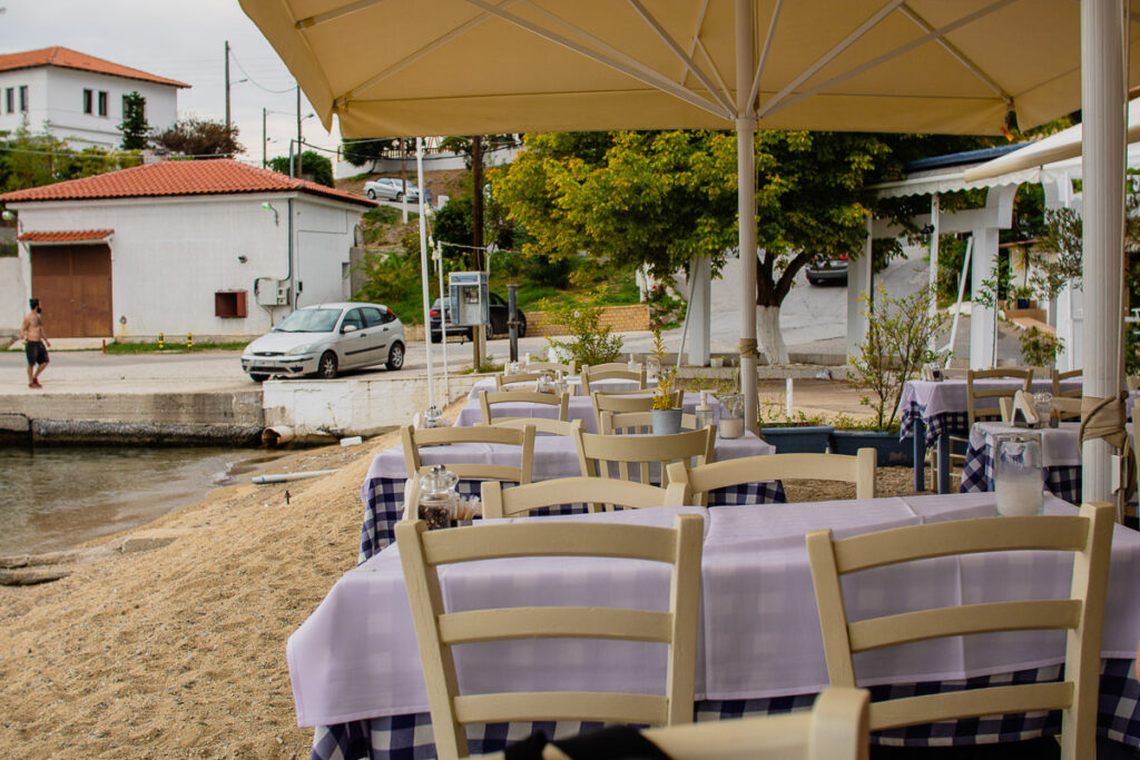 small Greek restaurant right on the sandy beach in Neos Marmaris